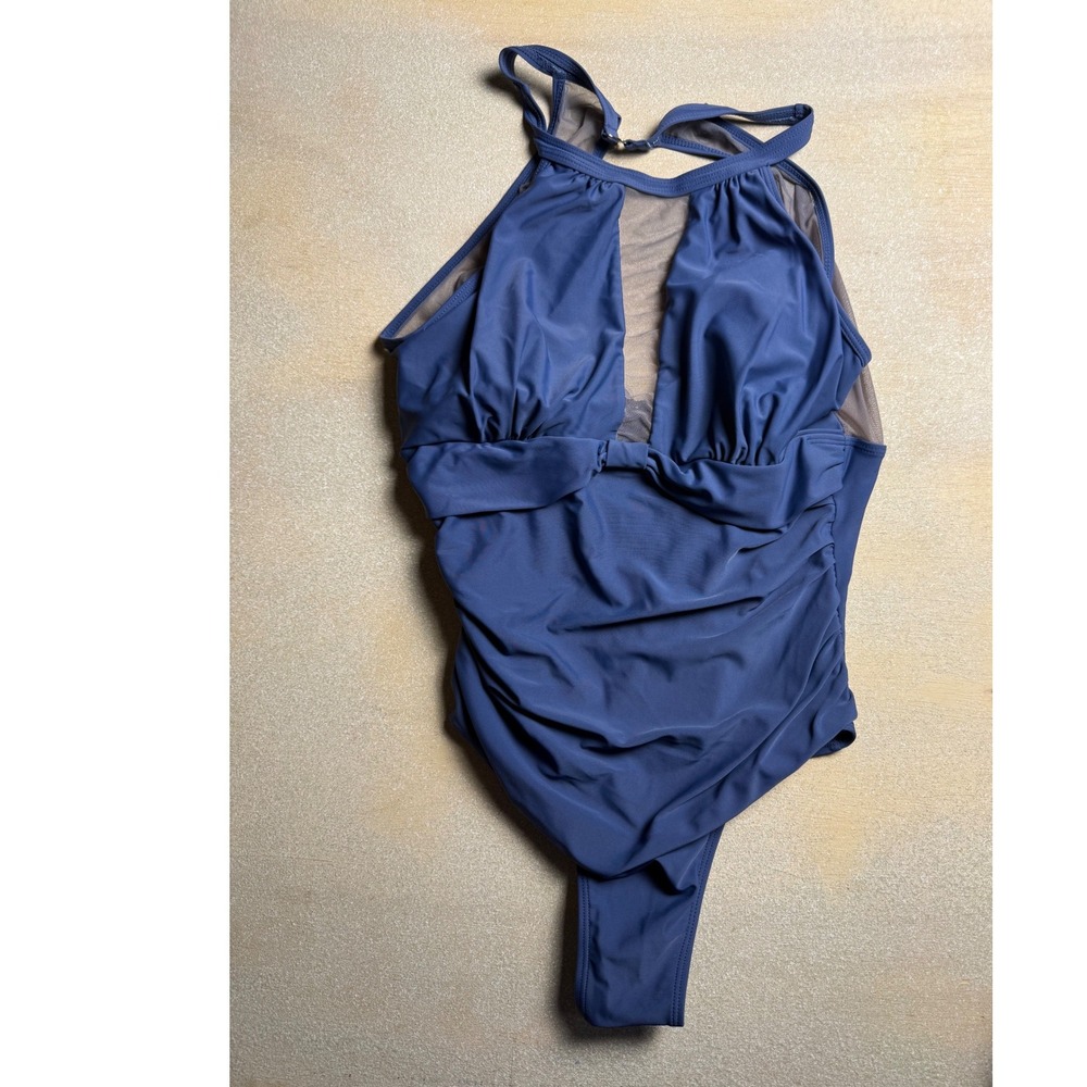 Blue High Neck Halter One Piece Swimsuit Mesh Panel Ruched Front Medium-2445